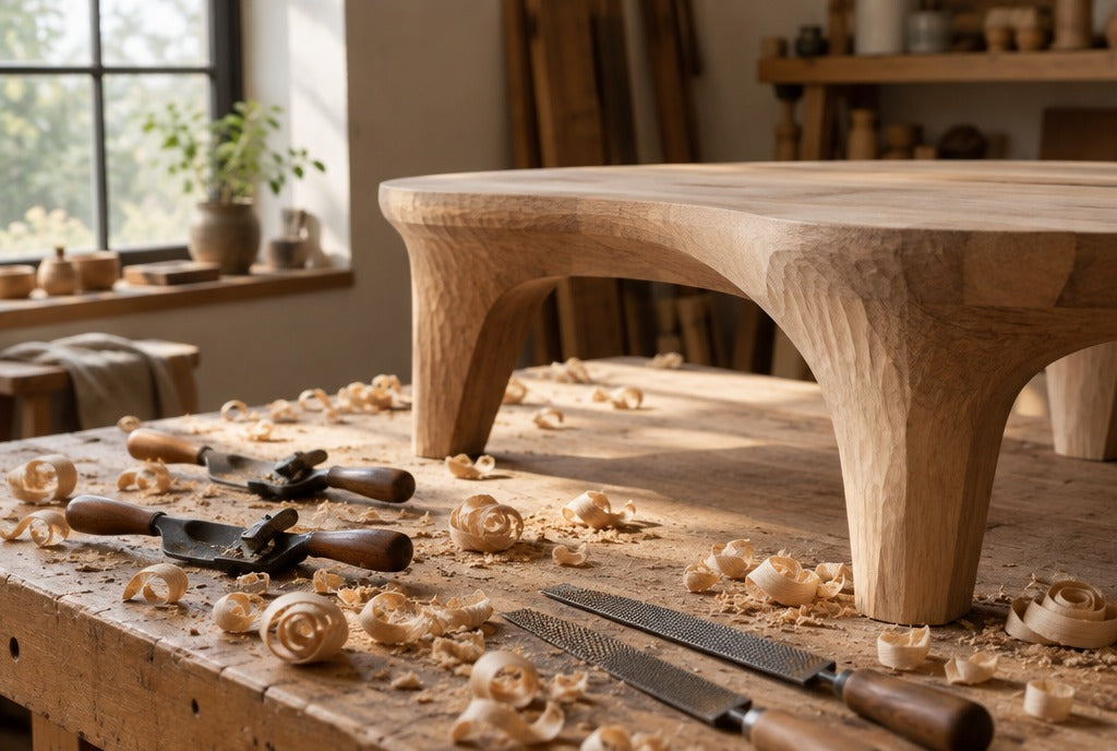 A makerspace workbench with a half-finished sculpted solid wood coffee table, spokeshaves, rasps and curls of wood shavings, warm light