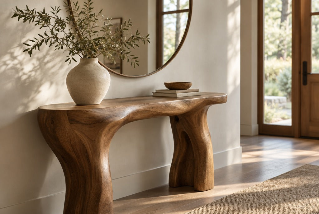 An entry hall with a sculpted organic solid wood console table with flowing legs, a round mirror above, a ceramic vase with olive branches, warm daylight