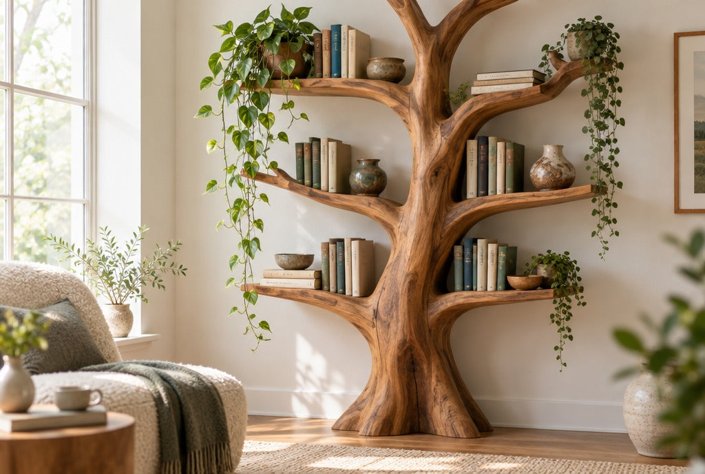 A sculpted solid wood tree bookshelf with branch-like shelves holding books, trailing plants and pottery in a bright reading nook