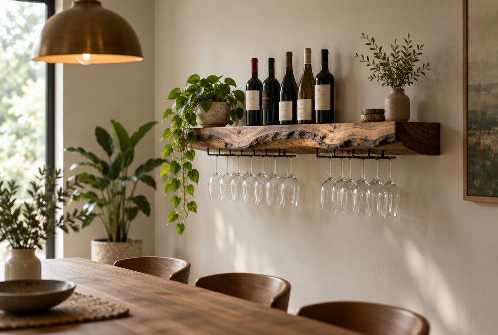 A dining room wall with a live-edge solid wood floating wine shelf holding bottles and stemware, warm pendant light, plants