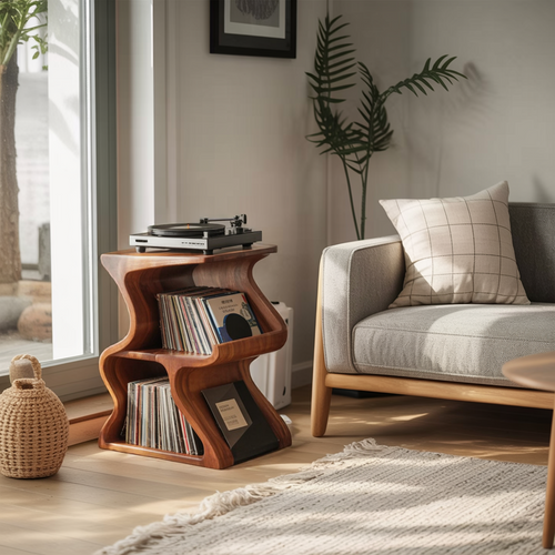 Aurea Wave Sculptural Solid Wood Record Player Stand
