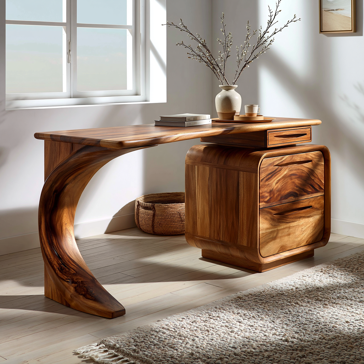 Aurelith Sculpted Solid Wood Desk With Drawers