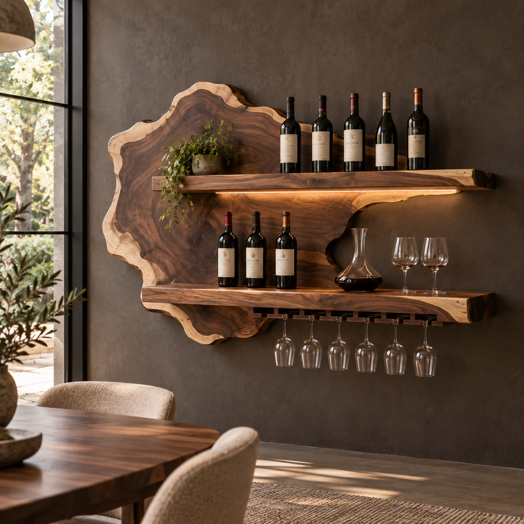 Sylelune Live Edge Handcrafted Floating Wine Shelf