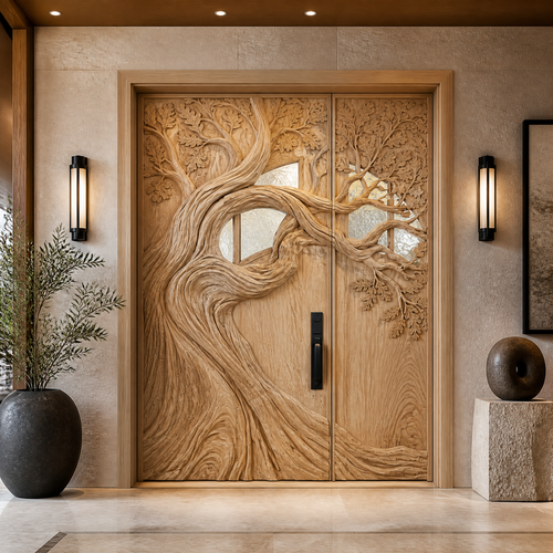 Aurelthorn Sculpted Solid Wood Single Door With Panel