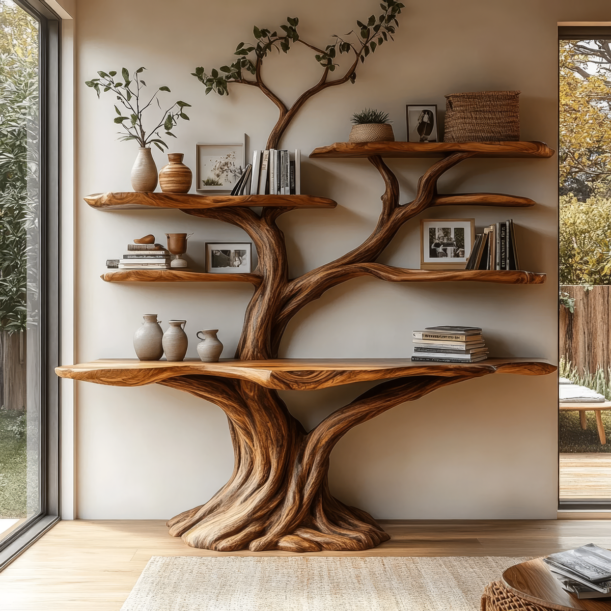 Vaelor Sculpted Solid Wood Console Table With Shelves