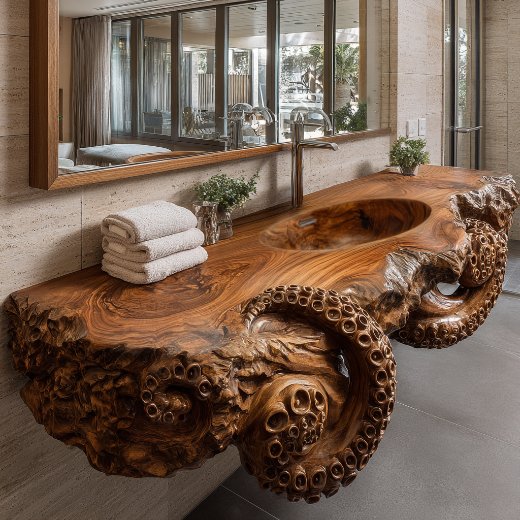 Velmora Octopus Form Sculpted Solid Wood Floating Bathroom Vanity With Integrated Sink
