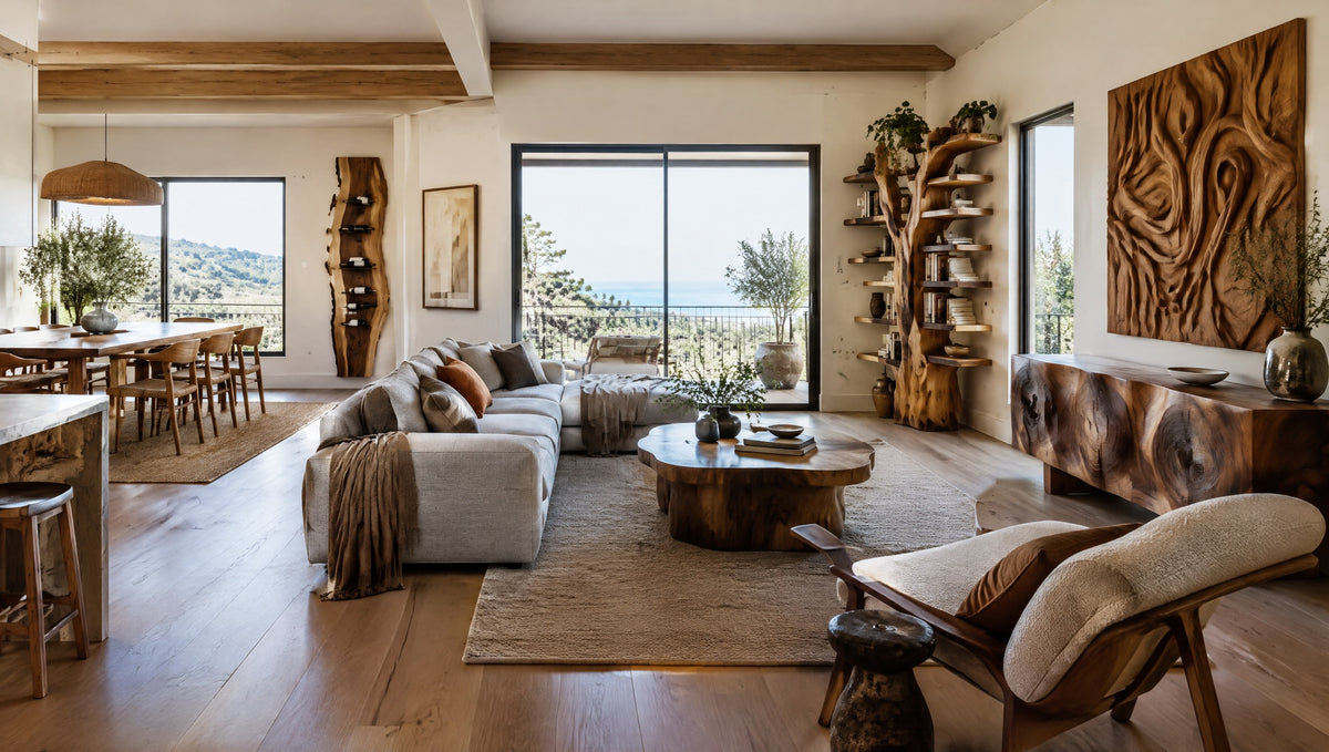 An airy California living room with a sculpted solid wood console, a floating wine shelf and a tree bookshelf