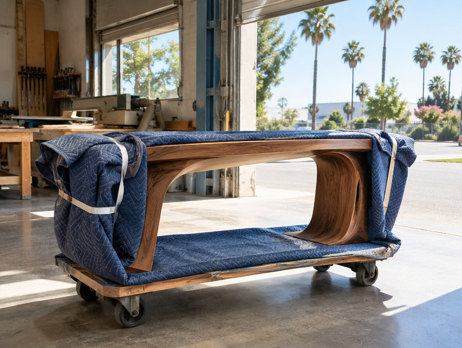 A finished sculpted console wrapped in moving blankets at the door of a woodworking makerspace